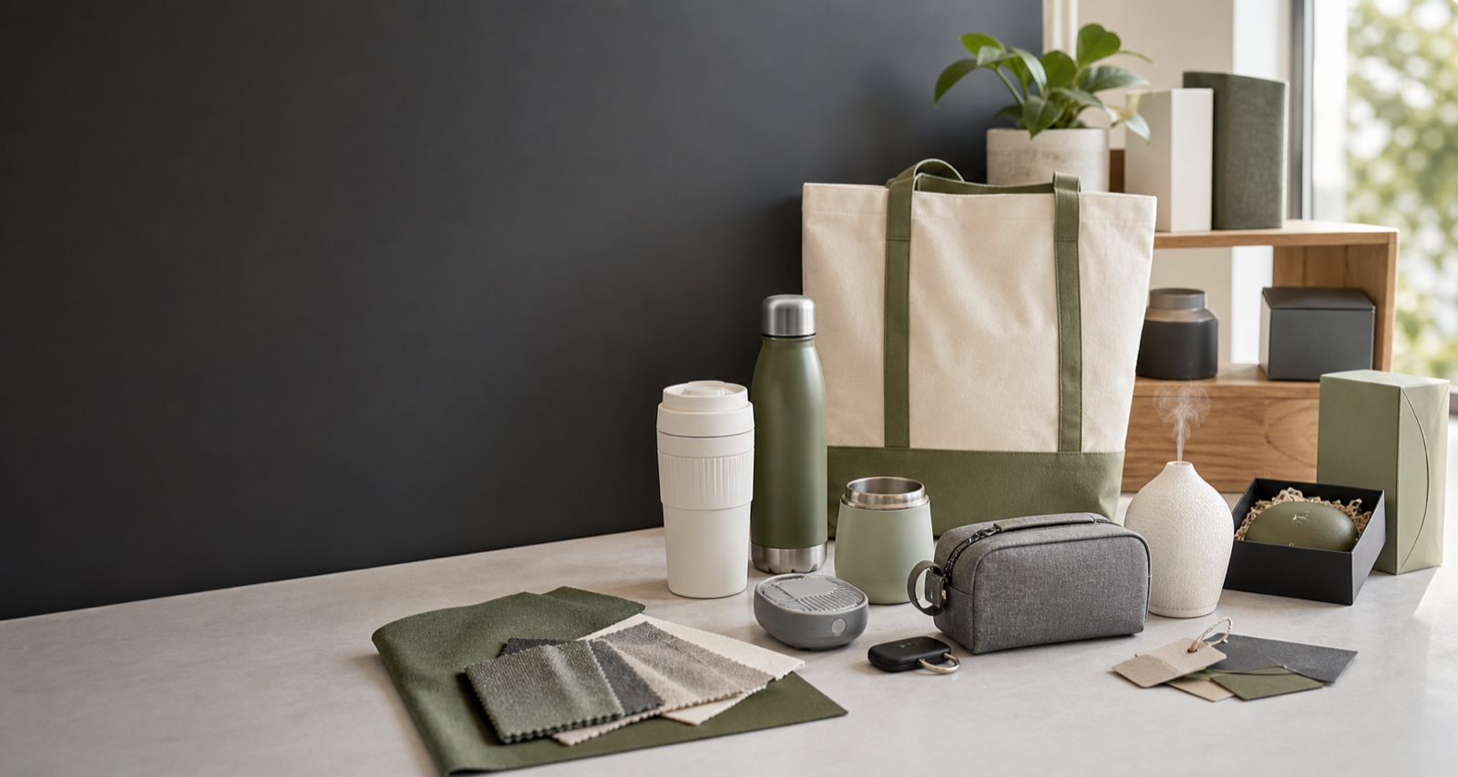 Lifestyle products, custom packaging, and sourcing samples arranged in a modern setting.