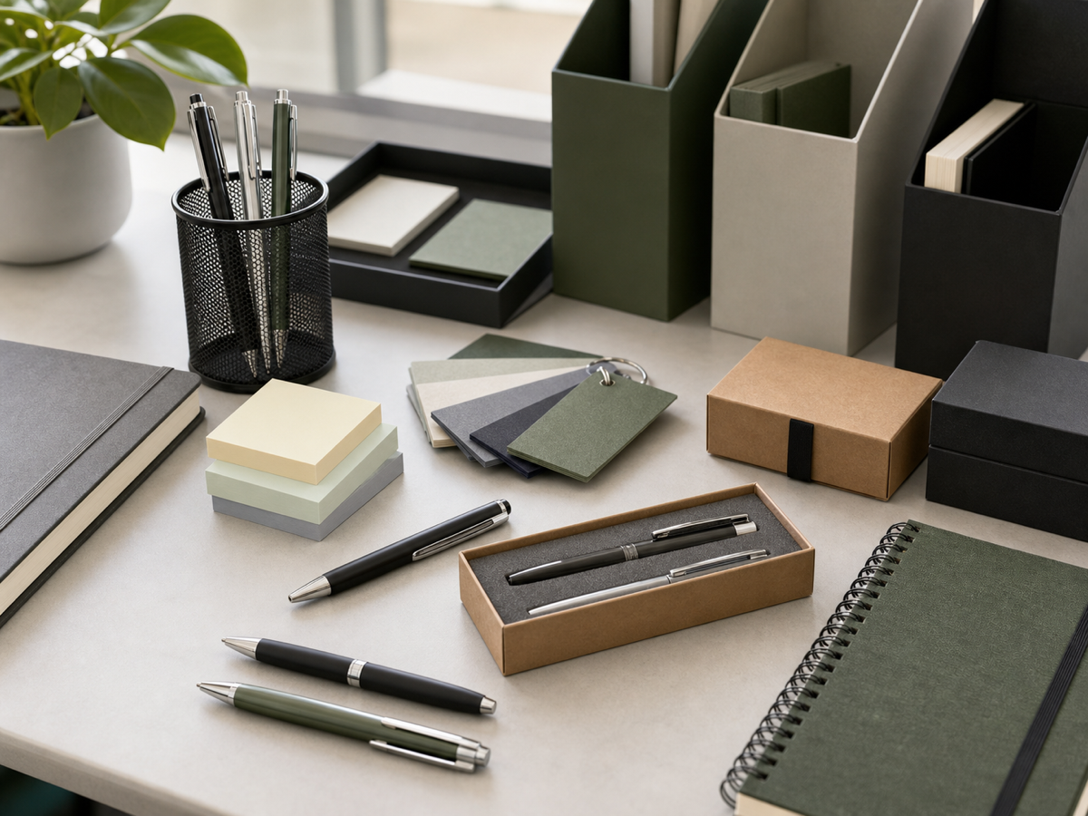 Pens, notebooks, folders, and stationery samples.