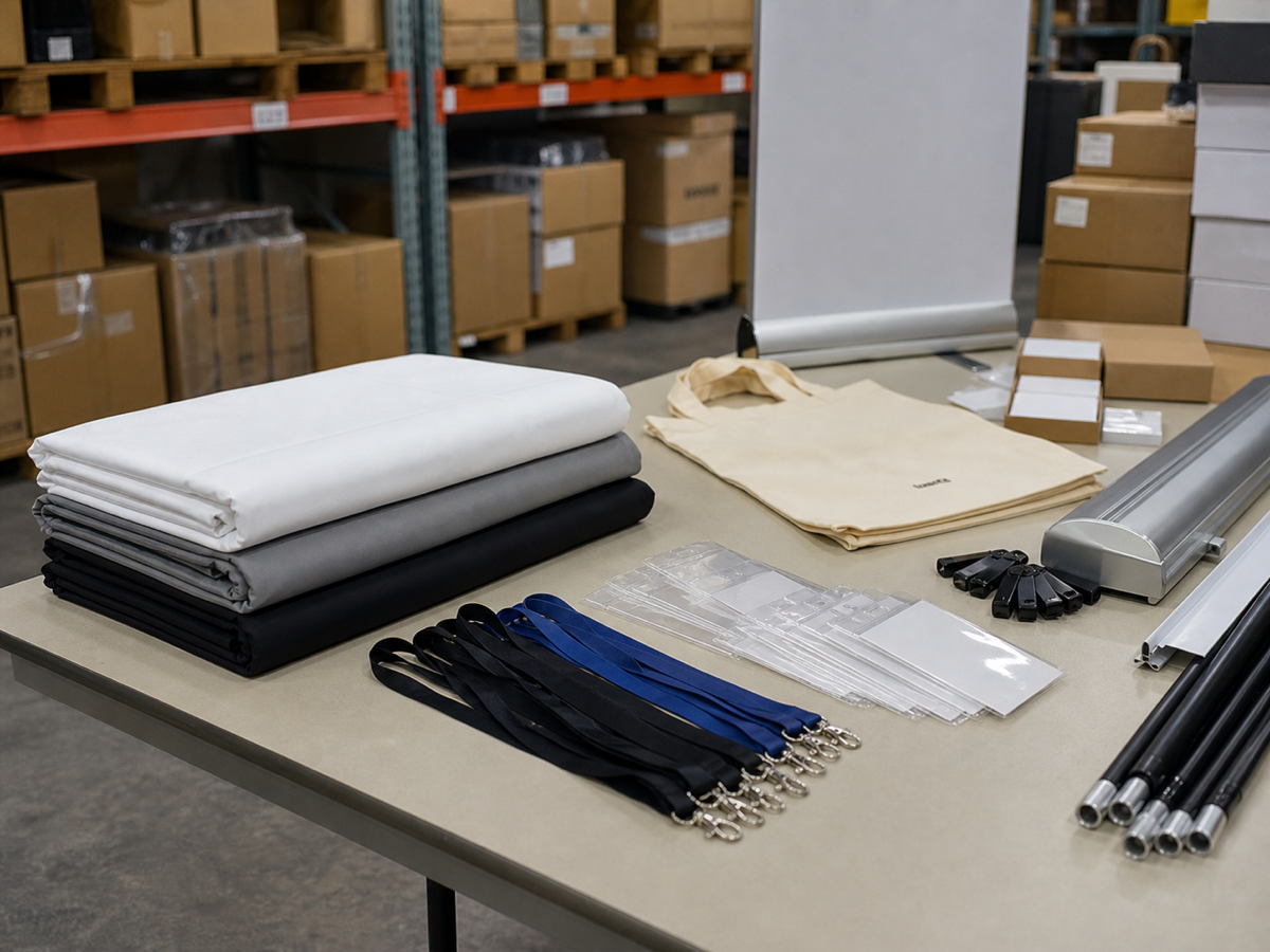 Trade show tablecloths, lanyards, badge holders, and event setup supplies.